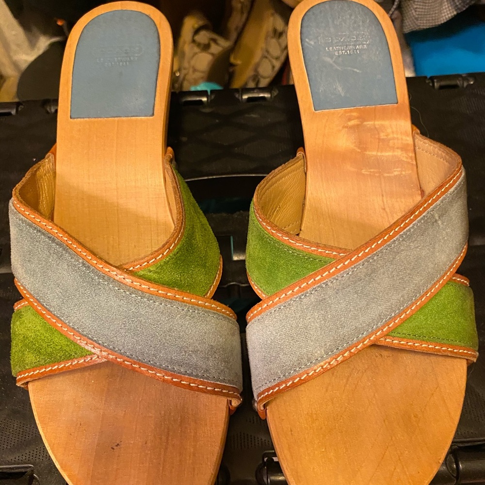 Coach wooden heel sandals green and blue 8